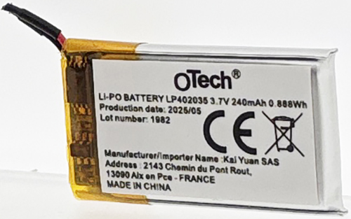 Batterie 1ICP5/21/31 LP402035 (mm: 4.12x20.77x30.70) sortie fil 3.7V Li-Po 240mAh
