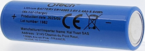 PILE Li-SoCl2 (Lithium Chlorure de Thionyle) Type ER14505 terminaisons standard 3.6V 2.4Ah